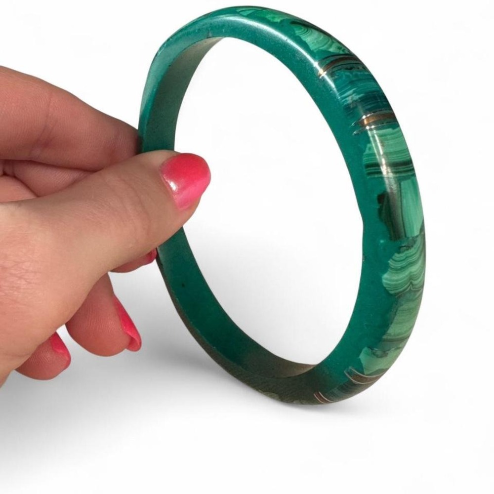 VINTAGE‎ 1970s MALACHITE GREEN STONE INLAY BANGLE BRACELET - Picture 4 of 5
